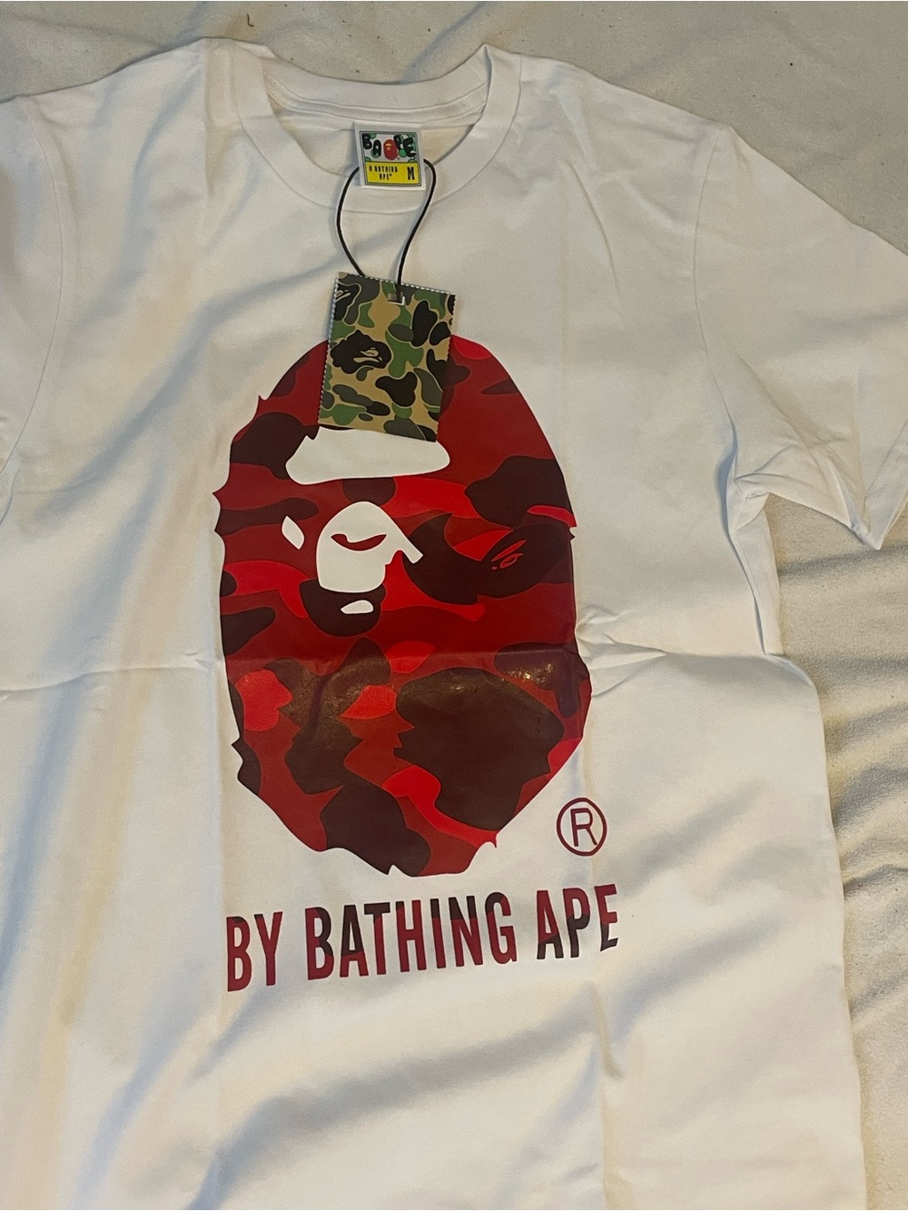 Bape White Tee with Red Camo Ape Head Print